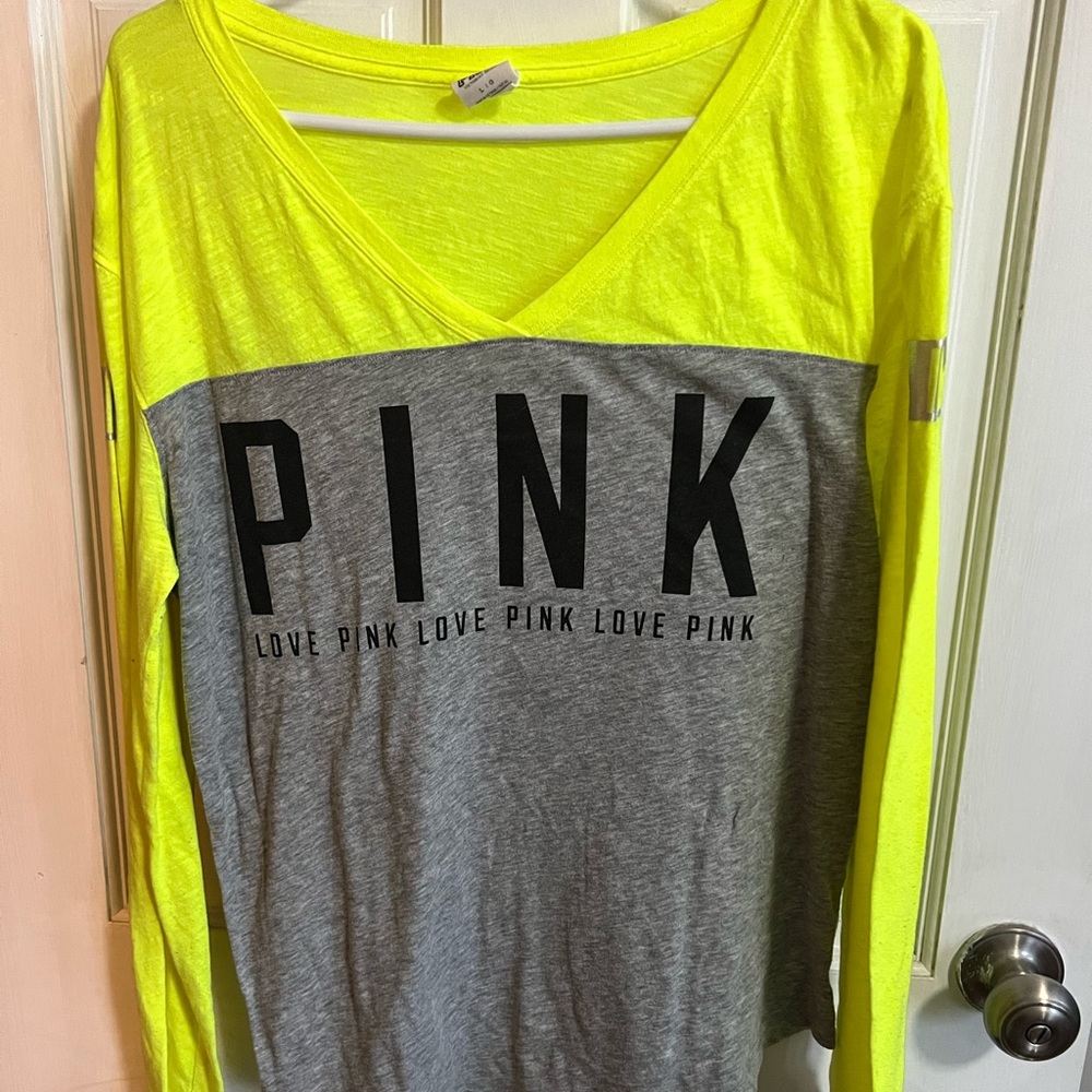 PINK Victoria's Secret Neon Yellow and Gray Long Sleeve Tee